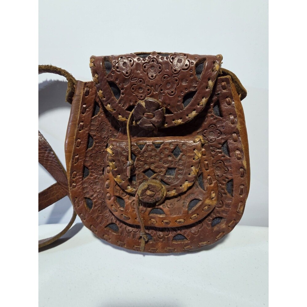 Handmade Genuine Leather Hand Tooled Shoulder Bag Boho 10.5" X 10.5"